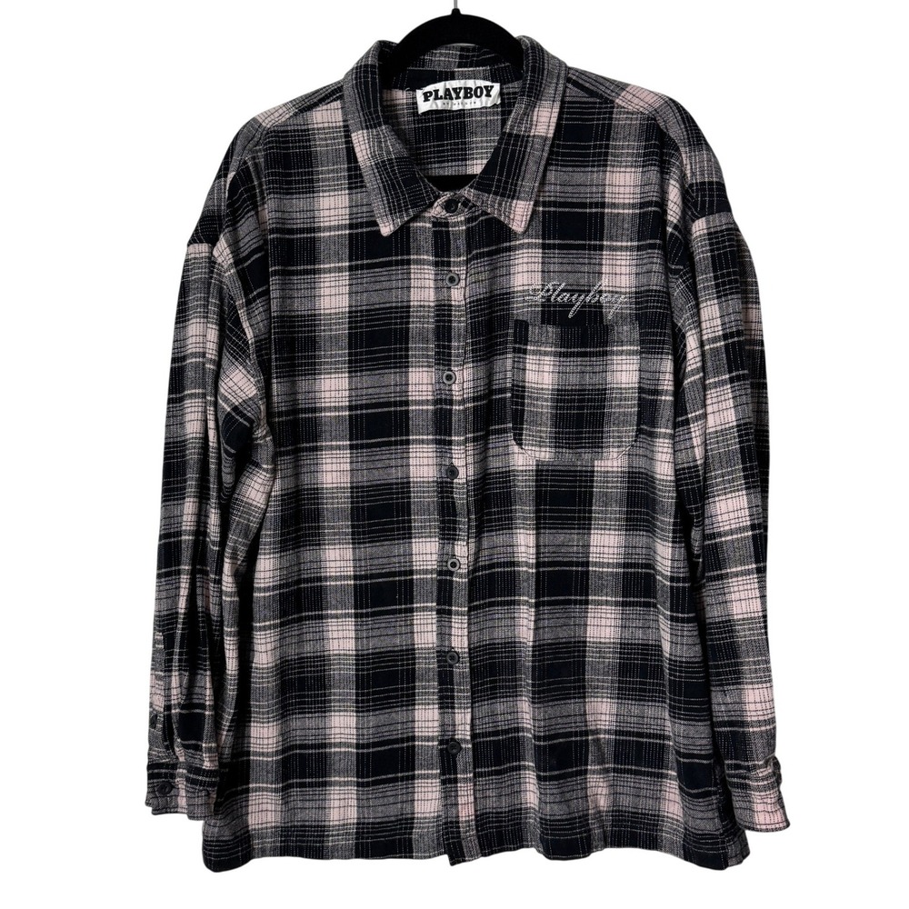 Playboy by PacSun Mens Pink Black Plaid Flannel Button Down Shirt Large Upcycled